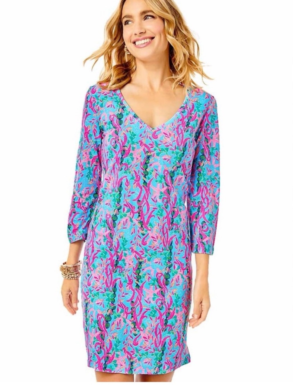 Lilly Pulitzer Tessa 3/4 sleeve V neck Dress Multi Seaweed Samba